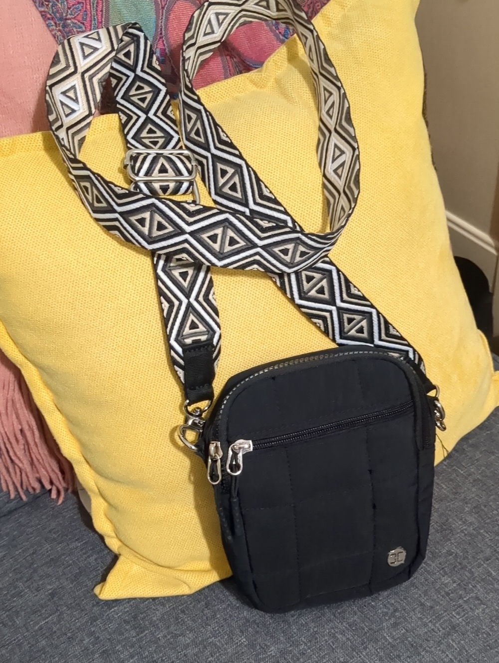 Black Quilted Crossbody Bag with Patterned Camera Adjustable Strap